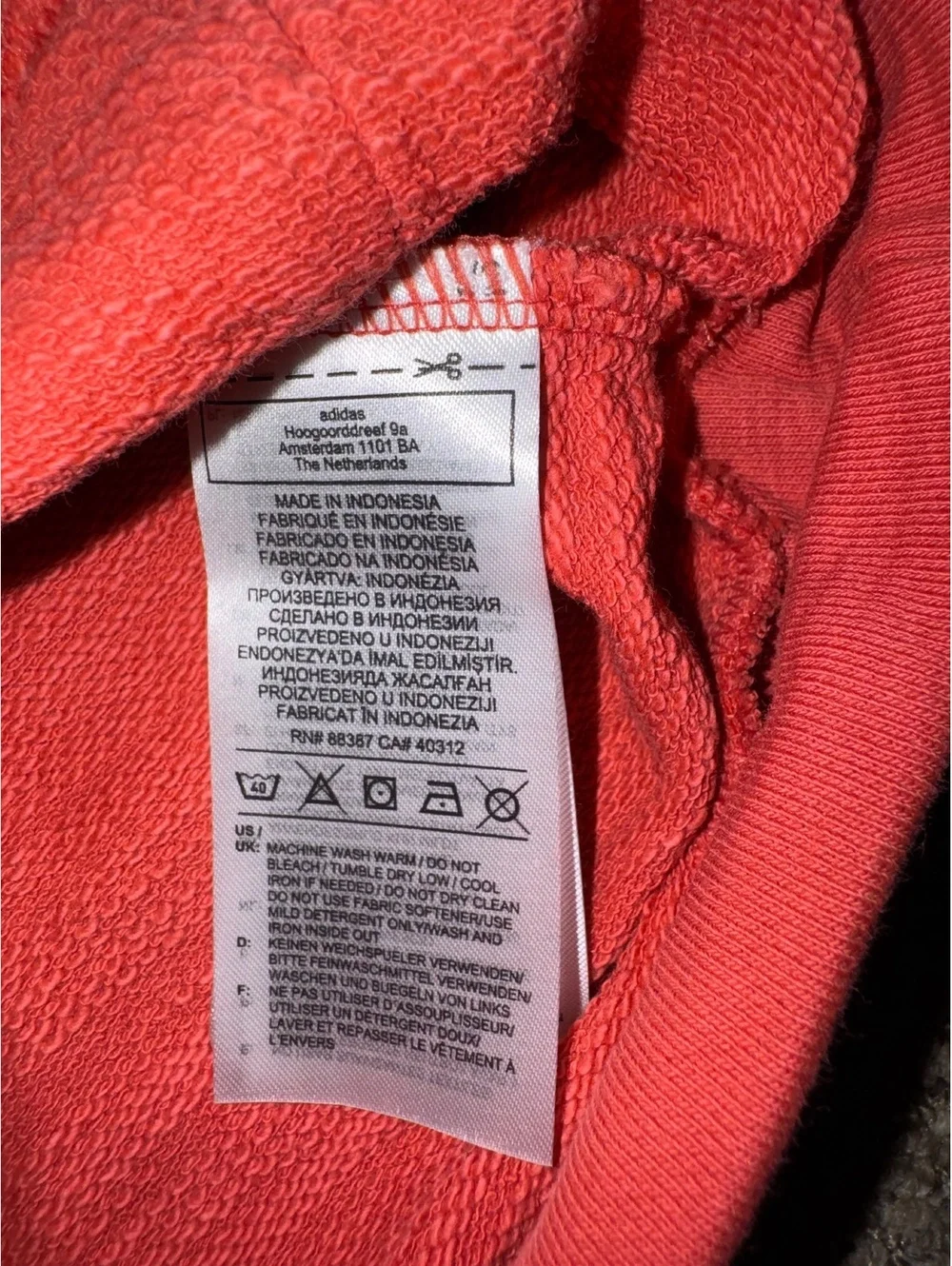 Men’s Adidas coral red hoodie with iconic three stripes Size L new with tags